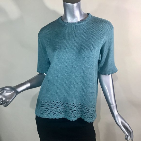Alfred Dunner Women's Medium Teal Blue Knit Short Sleeve Sweater Crew Neck Scall - Picture 2 of 12